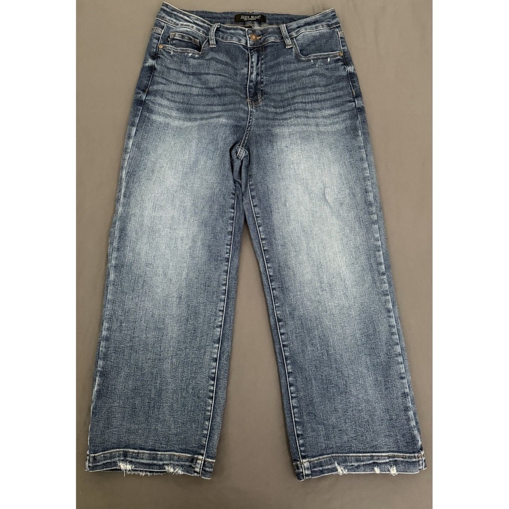 Judy Blue Jeans Women Size 30 Wide Leg Crop High Rise Stretch Distressed Denim